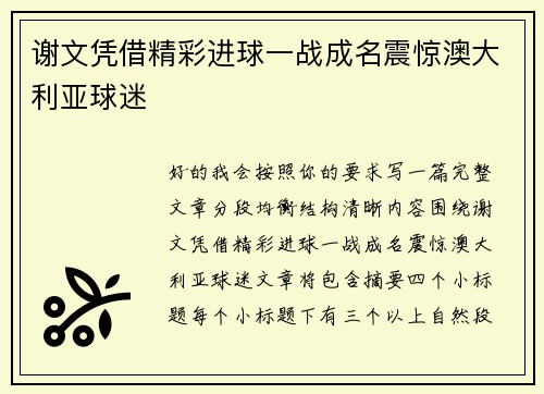 谢文凭借精彩进球一战成名震惊澳大利亚球迷 谢文凭借精彩进球一战成名震惊澳大利亚球迷